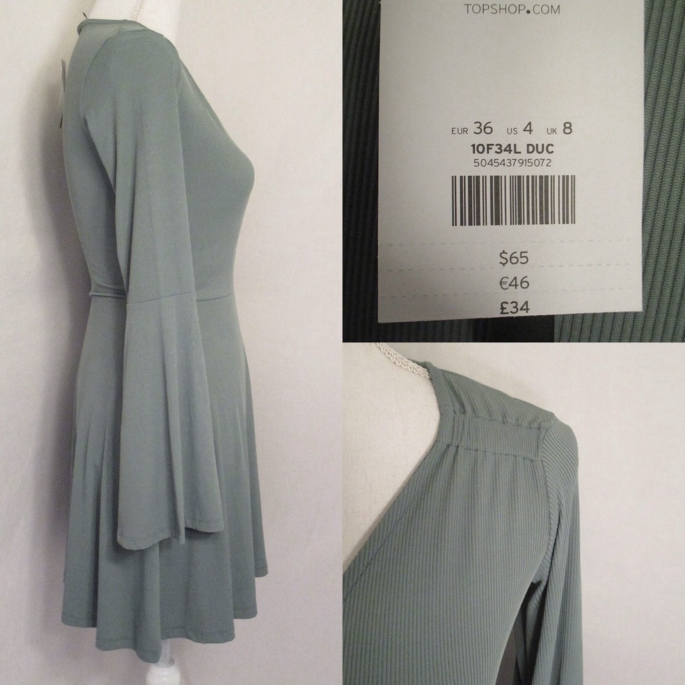 TOPSHOP  Green Bell Sleeve Skater Dress NWT sz 4 - Picture 5 of 7